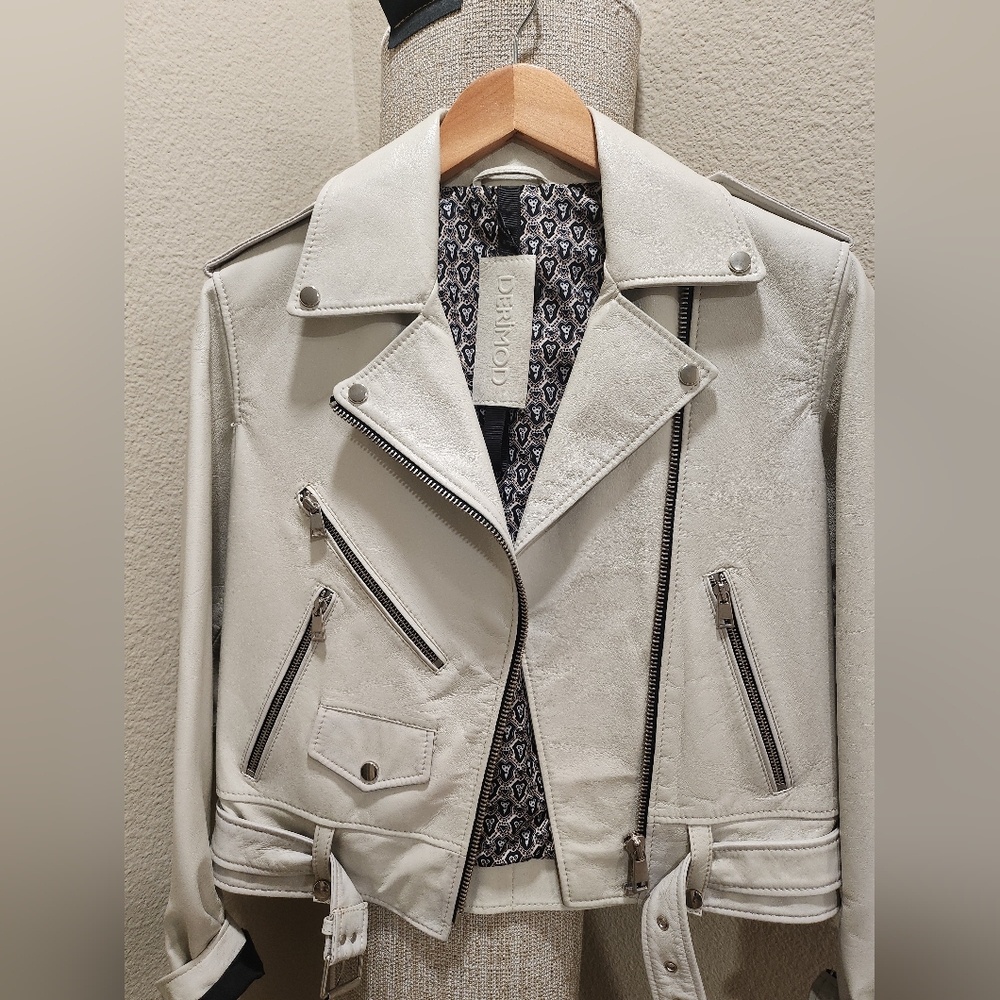 White Leather Moto Jacket with Asymmetrical Zipper